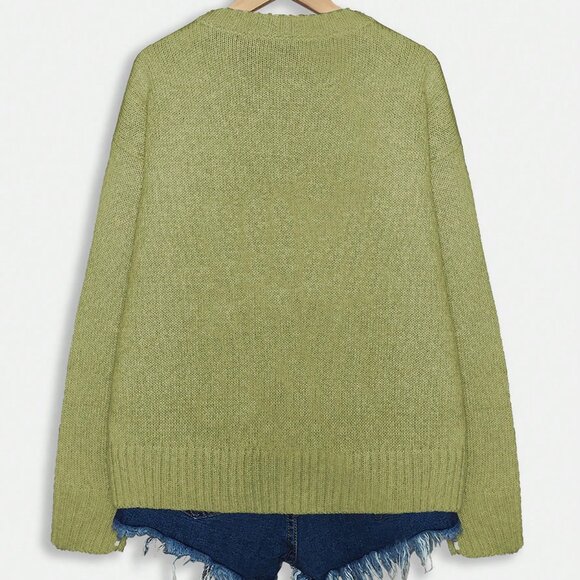 Casual Green Women's Cartoon Cow Print Crew Neck Pullover - Picture 2 of 7